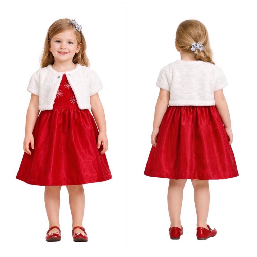Red Velvet Party Dress White Faux Fur Shrug & Bow - Picture 4 of 14